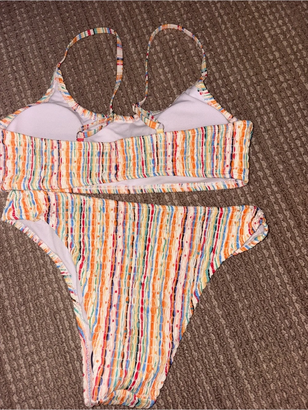 Multicolor Smocked Bikini Set - Vibrant Stripe Print